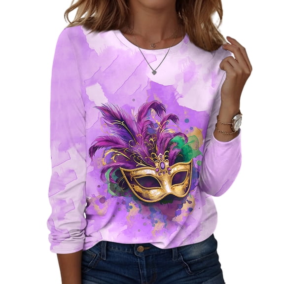 Fgvctg Mardi Gras Womens Fall Tops Dressy Casual Crewneck Long Sleeve Top Loose Carnival Party Pullover Shirts Trendy Mask Graphic Celebration Blouse Light Purple L