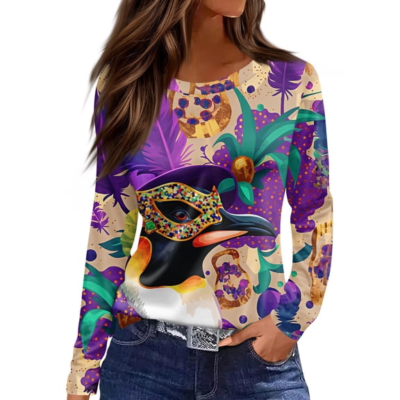 Fgvctg Mardi Gras Womens Fall Tops Dressy Casual Long Sleeve Crewneck Shirt Carnival Party Pullover Top Oversized Mask Graphic Celebration Blouse Black M