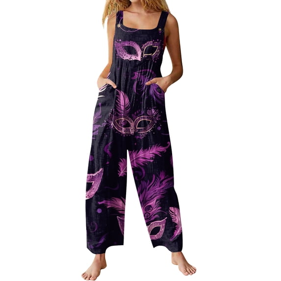 Fgvctg Mardi Gras Womens Jumpsuit Wide Leg Pant Comfy Overall Mask Graphic Sleeveless Carnival Party Spaghetti Straps Jumpsuit Romper Bib Overalls Oversized Sprimg Pants With Pockets Dark Purple XXL