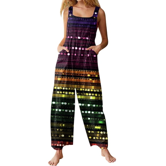 Fgvctg Mardi Gras Womens Jumpsuit Wide Leg Pant Holiday Mask Print Overall Sleeveless Romper Carnival Party Spaghetti Straps Jumpsuits Loose Bib Overalls Sprimg Clothes With Pockets Dark Purple L