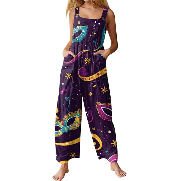 Fgvctg Mardi Gras Womens Jumpsuits Sleeveless Carnival Party Spaghetti Straps Overall Dressy Wide Leg Pant Mask Print Bib Overalls Romper Sprimg Pant With Pockets Purple L