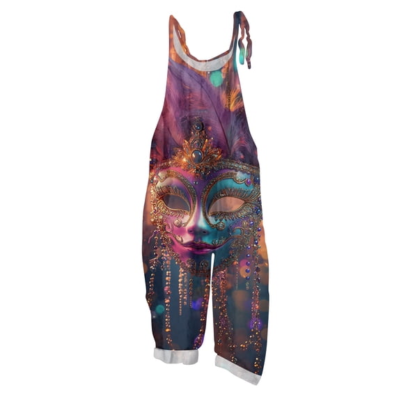 Fgvctg Mardi Gras Womens Jumpsuits Sleeveless Carnival Party Spaghetti Straps Overalls Fashion Wide Leg Pant Mask Graphic Bib Overalls Rompers Sprimg Pants With Pockets Purple S