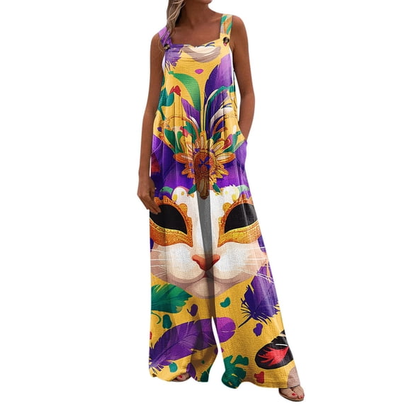 Fgvctg Mardi Gras Womens Jumpsuits Wide Leg Pant Carnival Party Spaghetti Straps Comfy Mask Print Jumpsuits Sleeveless Bib Overalls Sprimg Romper Clothing With Pockets Yellow XL