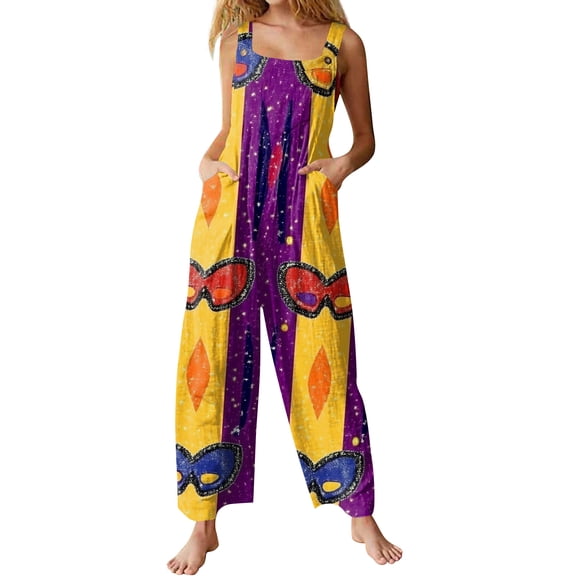 Fgvctg Mardi Gras Womens Jumpsuits Wide Leg Pant Carnival Party Spaghetti Straps Parade Mask Print Jumpsuits Sleeveless Bib Overalls Sprimg Rompers Clothing With Pockets Gold XXL