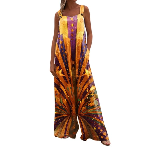 Fgvctg Mardi Gras Womens Jumpsuits Wide Leg Pant Vintage Overall Mask Print Sleeveless Carnival Party Spaghetti Straps Jumpsuits Romper Bib Overalls Plus Size Sprimg Pant With Pockets Orange L