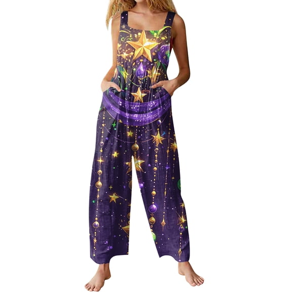 Fgvctg Mardi Gras Womens Jumpsuits Wide Leg Pant Vintage Overalls Mask Graphic Sleeveless Carnival Party Spaghetti Straps Jumpsuit Rompers Bib Overalls Oversized Sprimg Pant With Pockets Yellow L