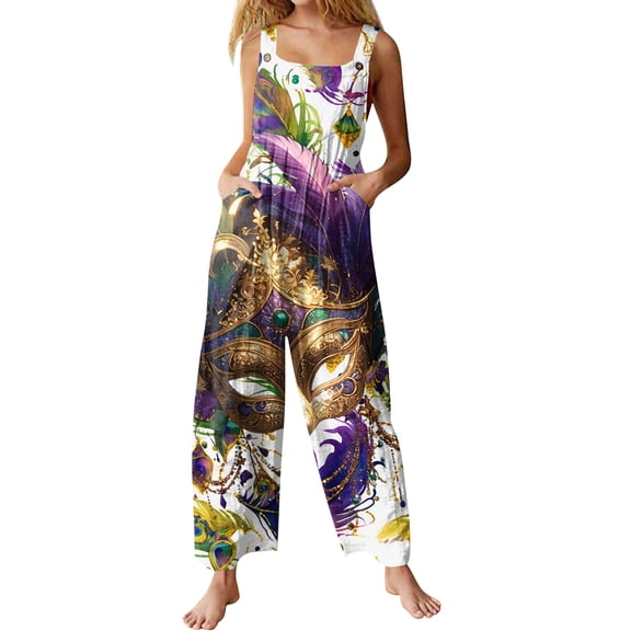 Fgvctg Mardi Gras Womens Overalls Sleeveless Carnival Party Spaghetti Straps Overall Comfy Wide Leg Pant Mask Print Bib Overalls Rompers Sprimg Pant With Pockets Purple Pink XXXL