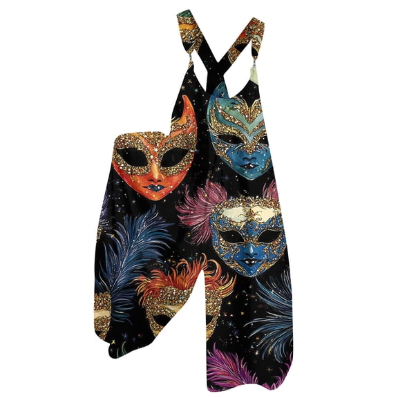 Fgvctg Mardi Gras Womens Overalls Wide Leg Pant Holiday Mask Print Overall Sleeveless Romper Carnival Party Spaghetti Straps Jumpsuits Oversized Bib Overalls Sprimg Clothes With Pockets Black XL