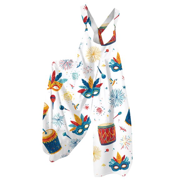 Fgvctg Mardi Gras Womens Overalls Wide Leg Pant Trendy Mask Print Overall Sleeveless Romper Carnival Party Spaghetti Straps Jumpsuits Loose Bib Overalls Sprimg Clothing With Pockets White XXL