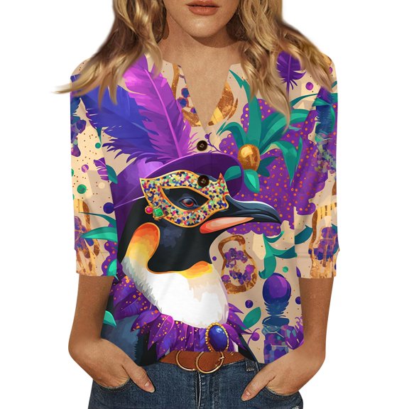Fgvctg Mardi Gras Womens Tops Dressy Casual 3/4 Length Sleeve V Neck Tops Cute Carnival Party Pullover Shirts Plus Size Mask Graphic Fashion Blouses White M