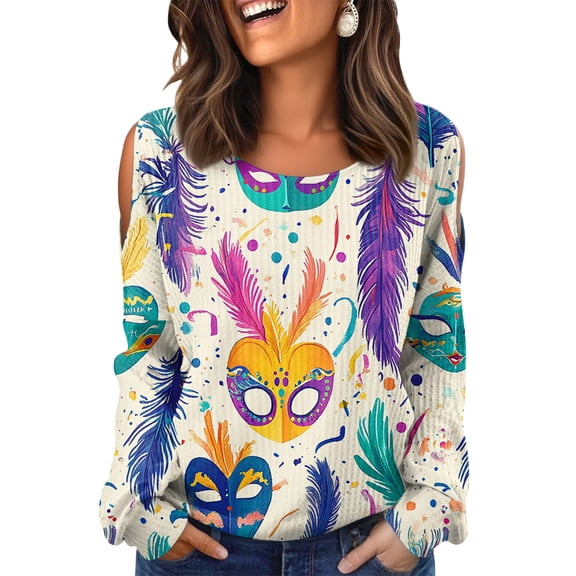 Fgvctg Mardi Gras Womens Tops Dressy Casual Crewneck Long Sleeve Shirt Carnival Party Pullover Funny Tops Loose Mask Print Celebration Blouse White M