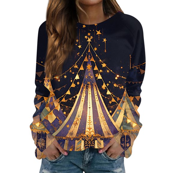 Fgvctg Mardi Gras Womens Tops Dressy Casual Crewneck Long Sleeve Shirts Carnival Party Pullover Soft Tops Plus Size Mask Print Celebration Blouse Gold XL