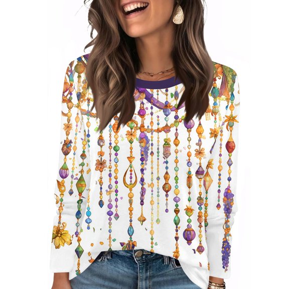 Fgvctg Mardi Gras Womens Tops Dressy Casual Long Sleeve Crewneck Shirt Carnival Party Pullover Top Oversized Mask Print Celebration Blouses White 5XL