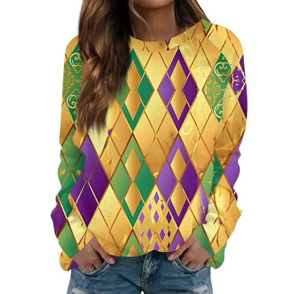 Fgvctg Mardi Gras Womens Tops Dressy Casual Long Sleeve Crewneck Shirts Funny Carnival Party Pullover Top Plus Size Mask Graphic Celebration Blouse Yellow 2XL