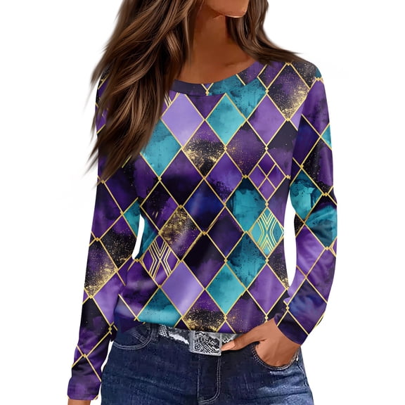 Fgvctg Mardi Gras Womens Tops Dressy Casual Long Sleeve Crewneck Tops Flowy Carnival Party Pullover Shirt Plus Size Mask Print Celebration Costumes Blue 3XL