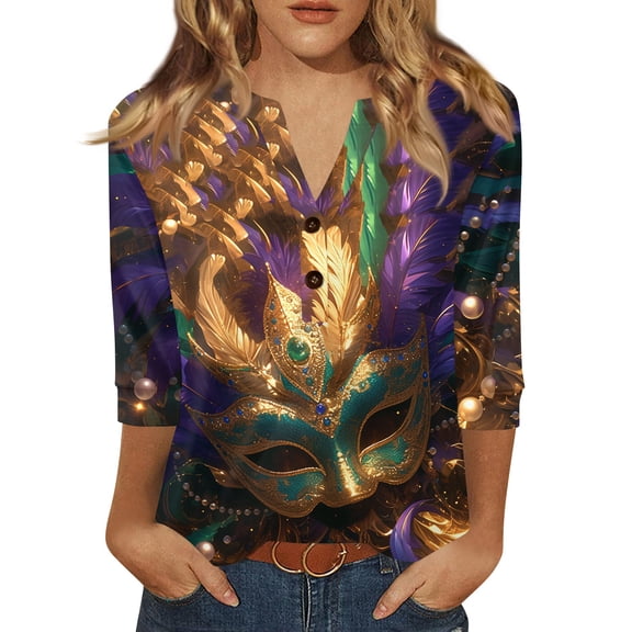 Fgvctg Mardi Gras Womens Tops Dressy Casual V Neck 3/4 Sleeve Top Loose Carnival Party Pullover Shirt Parade Mask Print Half Sleeve Blouse Bronze M