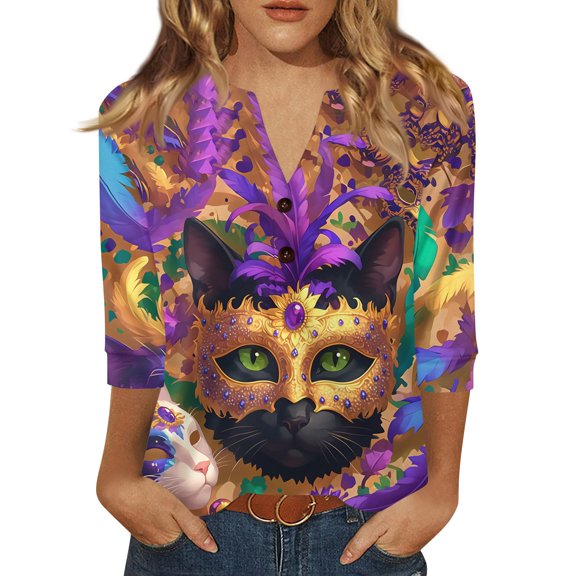 Fgvctg Mardi Gras Womens Tops Dressy Casual V Neck 3/4 Sleeve Top Plus Size Carnival Party Pullover Shirts Funny Mask Graphic Fashion Blouse Black L