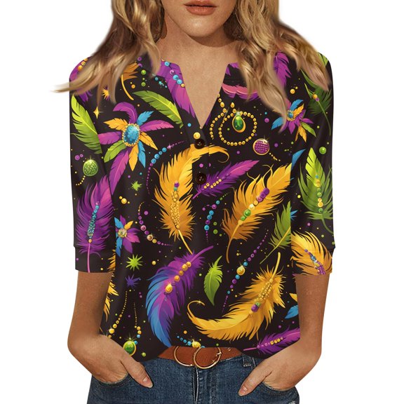 Fgvctg Mardi Gras Womens Tops Dressy Casual V Neck 3/4 Sleeve Tops Loose Carnival Party Pullover Shirt Flowy Mask Print Half Sleeve Blouses Black 2XL