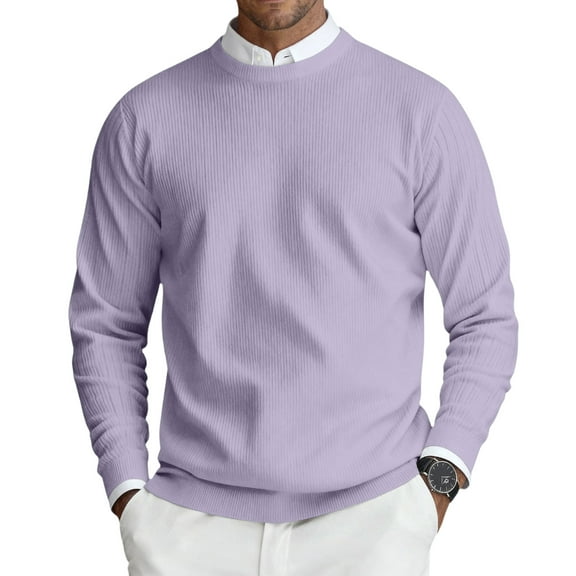 Fgvctg Men Sweater Crewneck Ribbed Knit Sweater Warm Long Sleeve Slim Fit Pullover Sweaters Loose Fall Vintage Textured Blouse Light Purple 3XL