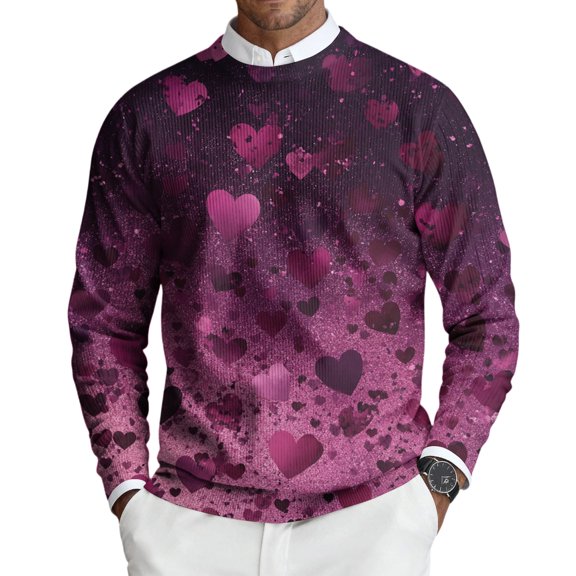 Fgvctg Men Valentine's Day Sweater Crewneck Ribbed Knit Sweater Love Heart Print Trendy Slim Fit Long Sleeve Pullover Sweaters Spring Lightweight Clothes Purple Pink XL