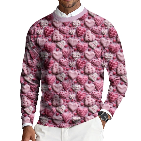 Fgvctg Men Valentine's Day Sweater Crewneck Ribbed Knit Sweaters Love Heart Print Comfy Slim Fit Long Sleeve Pullover Sweater Spring Loose Clothes Light pink S
