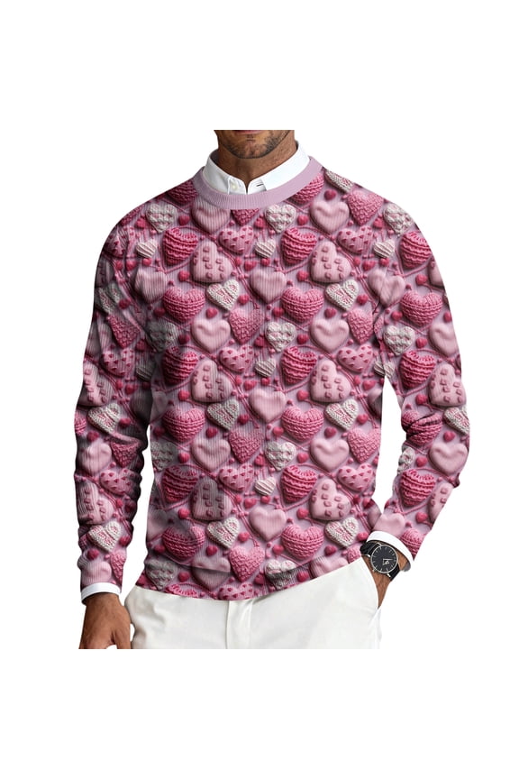 Men Valentine's Day Sweater Crewneck Ribbed Knit Sweaters Love Heart Print Comfy Slim Fit Long Sleeve Pullover Sweater Spring Loose Clothes Light pink S