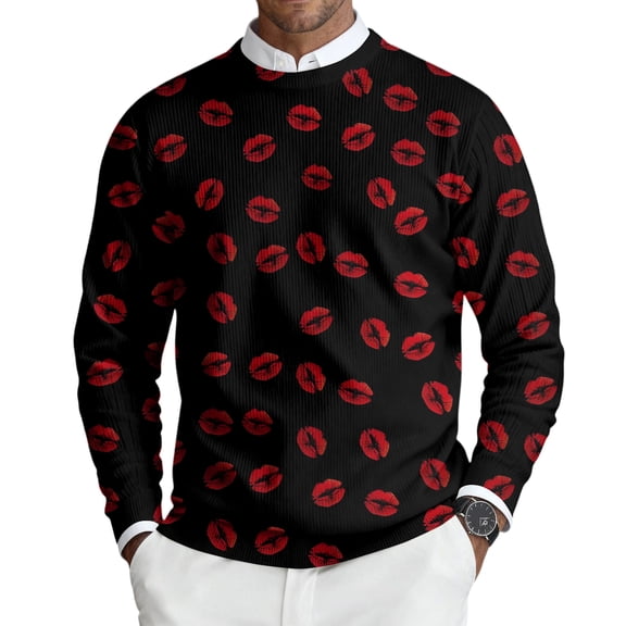 Fgvctg Men Valentine's Day Sweater Crewneck Ribbed Knit Sweaters Love Heart Print Romantic Slim Fit Long Sleeve Pullover Sweater Spring Loose Blouse Black 3XL