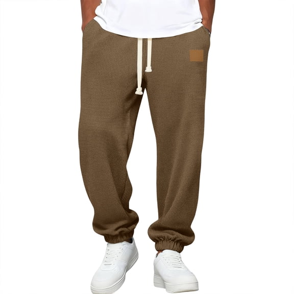 Fgvctg Men's Baggy Pants Waffle Wide Leg Lounge Sweatpants Shaggy Baggy Elastic Waist Joggers Pants Loose Fit Drawstring Trousers with Pockets Brown S
