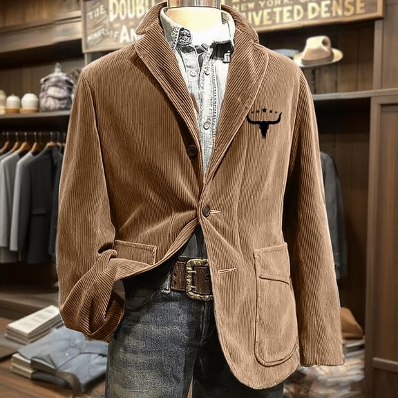 Fgvctg Men's Blazer Lapel Corduroy Slim Fit Blazers Suit Button Down Dressy Holiday Party Jacket Plus Size Two Buttons Sport Coat Winter Clothes with Pockets Light Brown XL