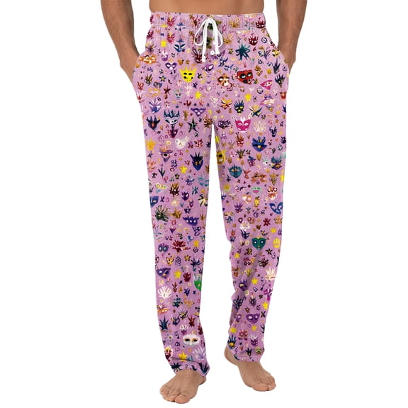 Fgvctg Men's Mardi Gras Pajamas Loose Carnival Party Wide Leg Sleepwear Pajamas Pants Comfy Mask Graphic High Waisted Pjs Spring Drawstring Lounge Pants with Pockets Pink 3XL