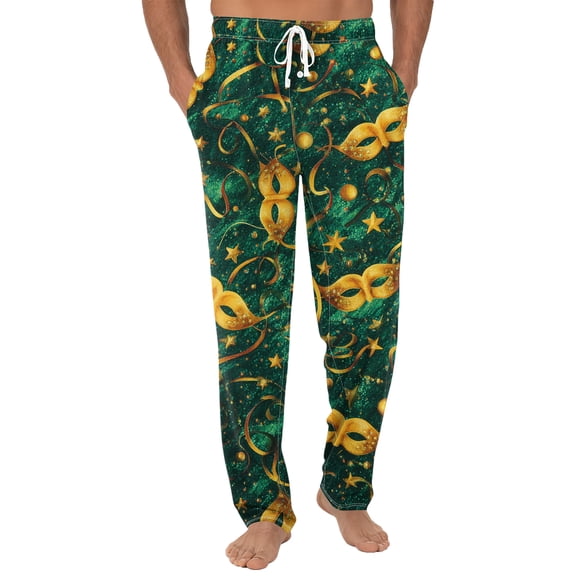 Fgvctg Men's Mardi Gras Pajamas Trendy Mask Print Carnival Party Wide Leg Pajama Sleepwear High Waisted Pjs Pant Oversized Spring Drawstring Lounge Pants with Pockets Dark Green S