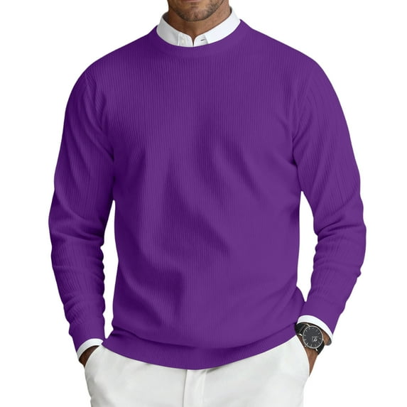 Fgvctg Men's Ribbed Sweater Knit Crewneck Sweater Casual Pullover Slim Fit Long Sleeve Sweaters Oversized Fall Vintage Textured Blouses Purple S