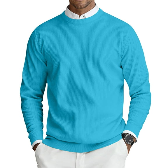 Fgvctg Men's Ribbed Sweater Knit Crewneck Sweaters Classic Slim Fit Long Sleeve Pullover Sweater Vintage Textured Winter Lightweight Clothes Cyan L