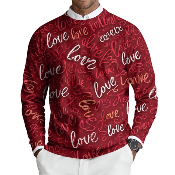 Fgvctg Men's Ribbed Valentine's Day Sweater Knit Crewneck Sweater Love Heart Print Casual Pullover Slim Fit Long Sleeve Sweaters Oversized Spring Clothes Deep Red M
