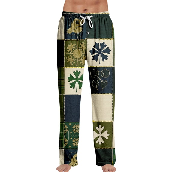 Fgvctg Men's St. Patrick's Day Pajamas Lucky Sleepwear Wide Leg Pajamas Shamrock Clover Print High Waisted Pj Pant Plus Size Spring Fall Drawstring Lounge Pants with Pockets Army Green XL
