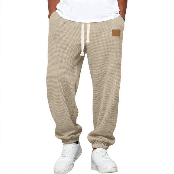 Fgvctg Men's Sweatpants Elastic Waist Wide Leg Lounge Pant Waffle Baggy Fashion Joggers Trousers Drawstring Loose Fit Sweatpants with Pockets Khaki L