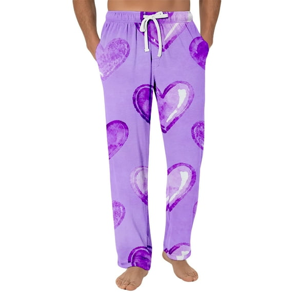 Fgvctg Men's Valentine's Day Pajamas Fashion Love Heart Print Wide Leg Pajamas Sleepwear High Waisted Pj Pant Oversized Fall Spring Drawstring Lounge Pants with Pockets Purple XL