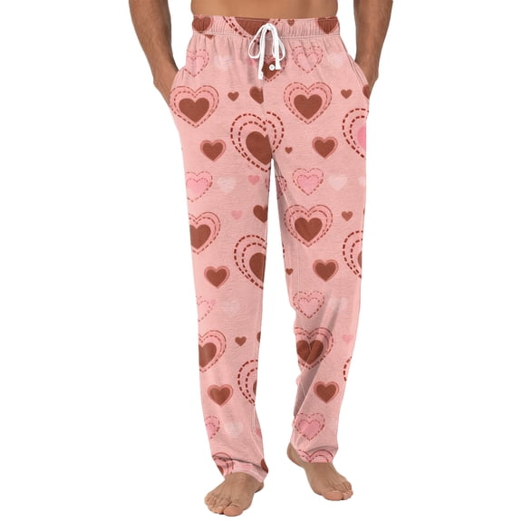 Fgvctg Men's Valentine's Day Pajamas Plus Size Wide Leg Sleepwear Pajamas Pants Fashion Love Heart Graphic High Waisted Pjs Spring Drawstring Lounge Pants with Pockets Light Brown 2XL
