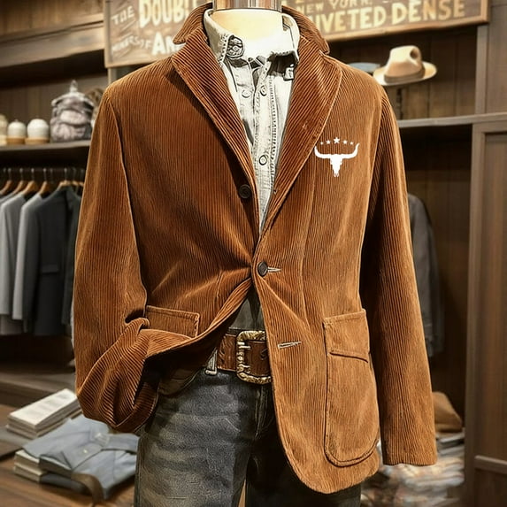 Fgvctg Mens Blazer Jacket Corduroy Slim Fit Lapel Blazers Suit Loose Two Buttons Holiday Party Jacket Trendy Sport Coat Button Down Winter Outerwear with Pockets Brown 2XL