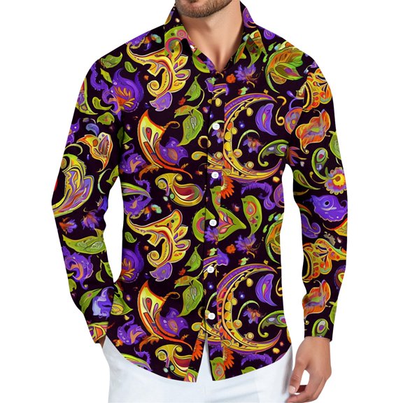 Fgvctg Mens Button Down Shirt Mardi Gras Carnival Party Long Sleeve V Neck Blouse Collared Plus Size Mask Print Shirt Multicolored Business Casual Tops Purple Pink 2XL
