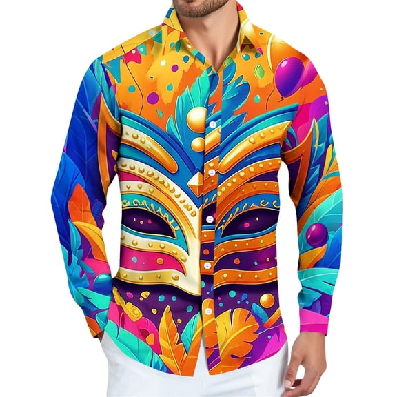 Fgvctg Mens Button Down Shirt Mardi Gras Carnival Party Long Sleeve V Neck Blouses Trendy Mask Print Shirt Oversized Collared Business Casual Tops Yellow XL