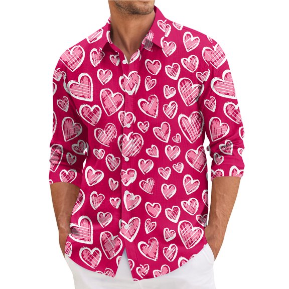 Fgvctg Mens Button Down Shirt Valentine's Day Cotton Long Sleeve Shirts Romantic Collared Blouses Date Day Love Heart Print Plus Size Business Casual Tops Hot Pink 3XL