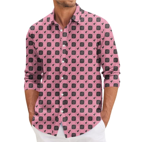 Fgvctg Mens Button Down Shirt Valentine's Day Long Sleeve Cotton Blouses Collared Oversized Date Day Love Heart Print Shirt Trendy Business Casual Tops Watermelon Red M