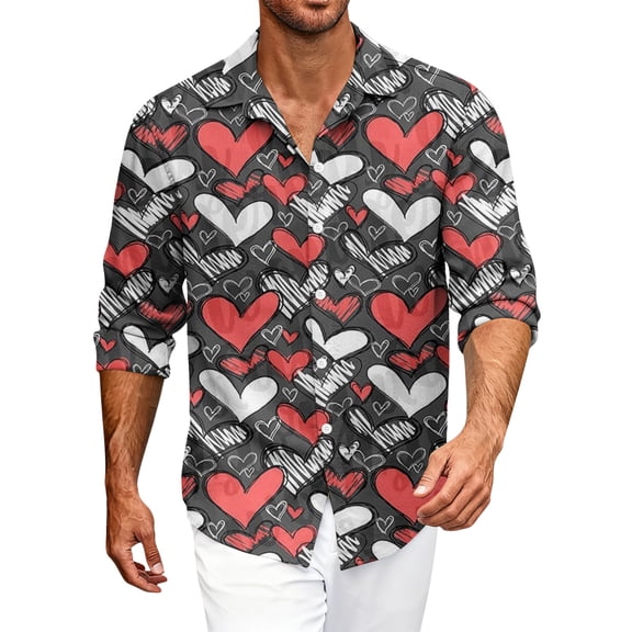 Fgvctg Mens Button Down Shirt Valentine's Day Long Sleeve Cotton Blouses Soft Date Day Love Heart Print Shirts Oversized Collared Business Casual Outfits Gray M