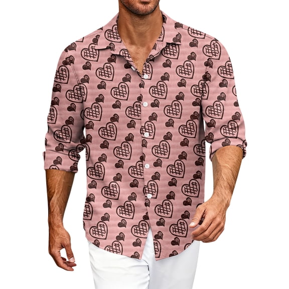Fgvctg Mens Button Down Shirt Valentine's Day Long Sleeve Cotton Shirt Collared Trendy Blouses Date Day Love Heart Print Oversized Business Casual Outfits Pink M