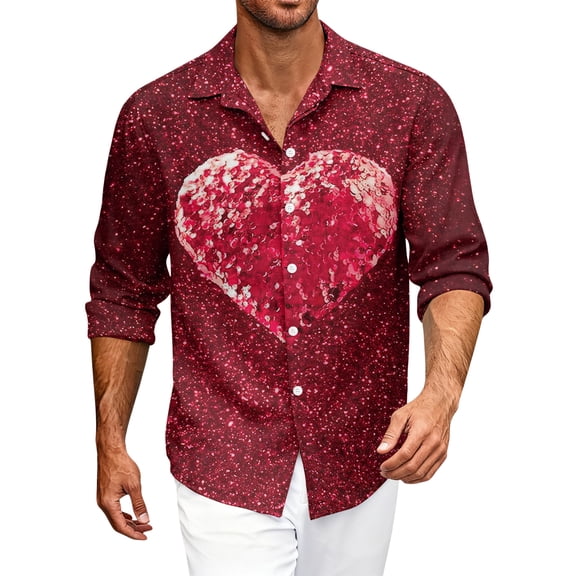Fgvctg Mens Button Down Shirt Valentine's Day Long Sleeve Cotton Shirts Soft Date Day Love Heart Print Collared Blouse Plus Size Business Casual Tops Wine XL