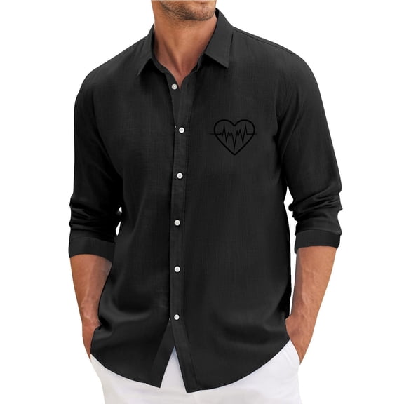 Fgvctg Mens Button Down Shirt Valentine's Day Long Sleeve V Neck Shirt Casual Date Day Love Heart Print Collared Blouse Oversized Business Casual Tops Black 2XL