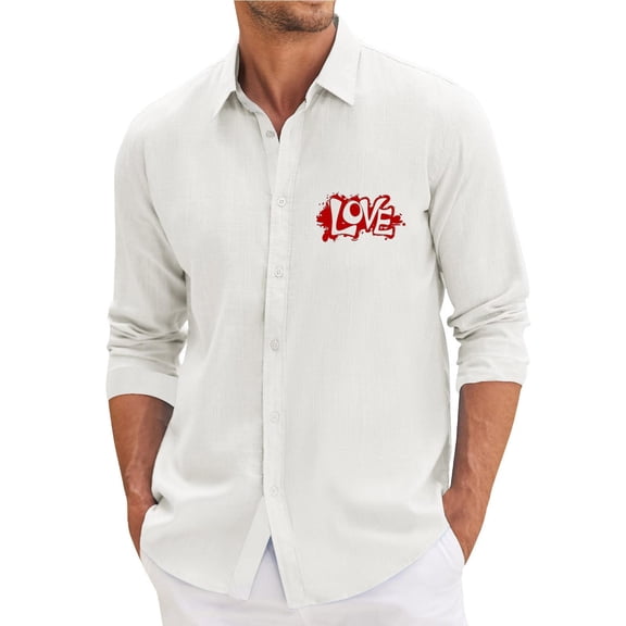 Fgvctg Mens Button Down Shirt Valentine's Day Long Sleeve V Neck Shirts Collared Dressy Blouses Date Day Love Heart Print Oversized Business Casual Tops White L