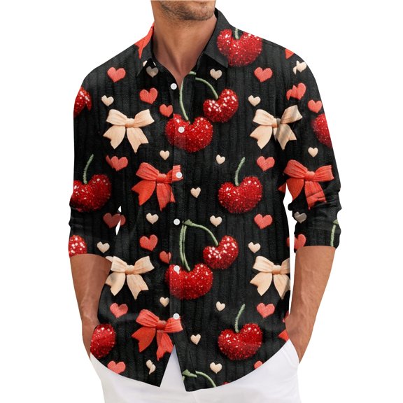 Fgvctg Mens Button Down Shirt Valentine's Day V Neck Long Sleeve Shirt Trendy Collared Blouses Date Day Love Heart Print Plus Size Business Casual Tops Multicolor 2XL