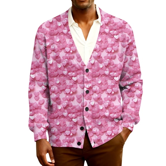 Fgvctg Mens Cardigan Sweaters Valentine's Day Love Heart Graphic Sweater Long Sleeve Casual Coats Ribbed Knit Button Down Spring Clothing Pink 5XL